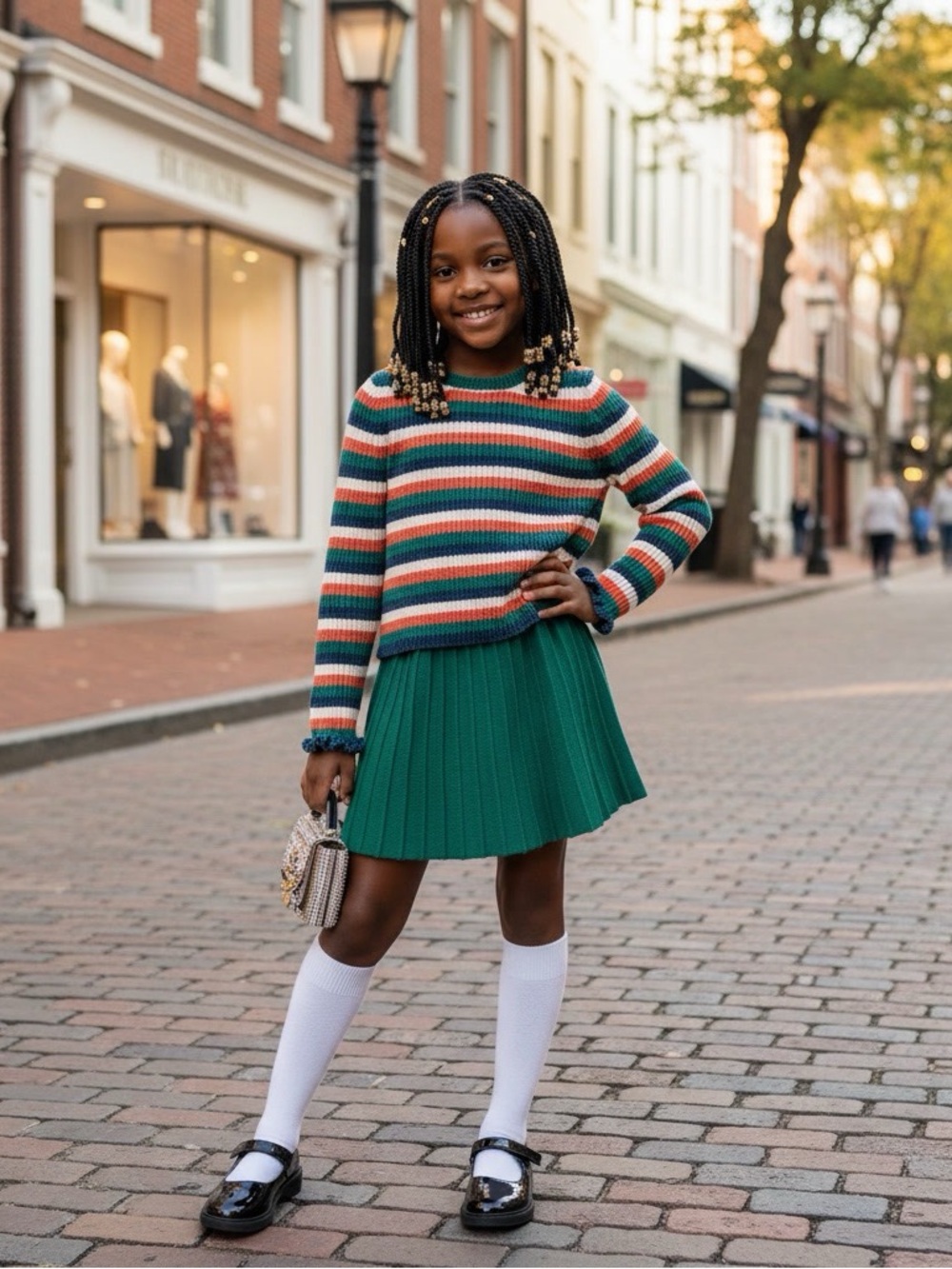 Tommy Bahama Girls Striped Knit Sweater & Green Pleated Skirt Set Size M 7/8